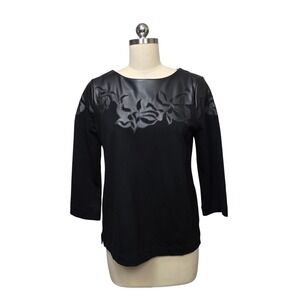 Chico's Black Faux Leather Floral Embellished 3/4 Sleeve Top Size 0 US Small